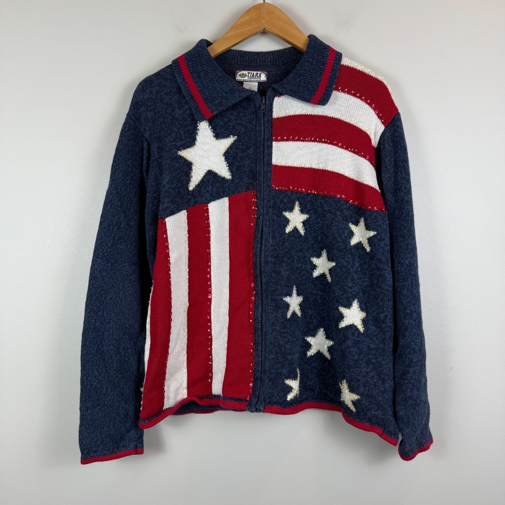 Vtg Tiara International Cardigan‎ M American Flag Full Zip Collar Sweater USA